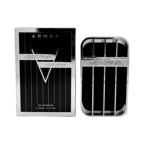 Parte trasera de la caja del perfume Ventana EDP mostrando ingredientes, detalles de la marca y fabricante Sterling Parfums.