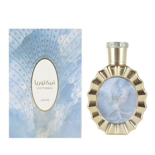 Perfume Victoria de Lattafa con un elegante diseño en dorado y azul, acompañado de su caja a juego con texto en árabe e inglés.