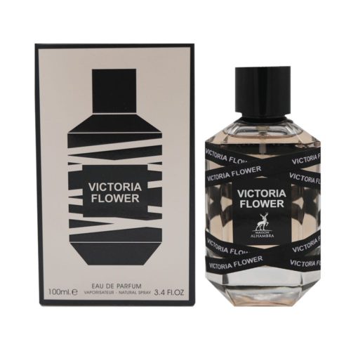 Vista completa del perfume Victoria Flower EDP con el frasco junto a su caja.