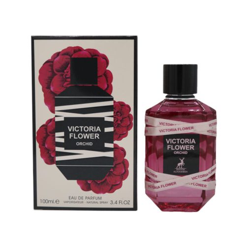 Parte frontal de la caja del perfume Victoria Flower Orchid EDP con el frasco, ilustraciones florales y diseño geométrico en blanco y negro.