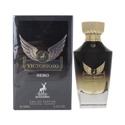 Victorioso Nero Eau de Parfum de Maison Alhambra, 100ml. El frasco de perfume tiene un diseño degradado en negro y dorado, con una tapa dorada texturizada y el logotipo alado de la marca.
