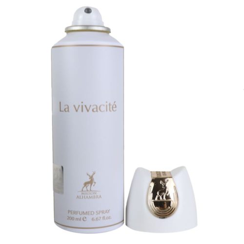 Frasco abierto del spray perfumado La Vivacité de Maison Alhambra con tapa dorada al lado, 200 ml.