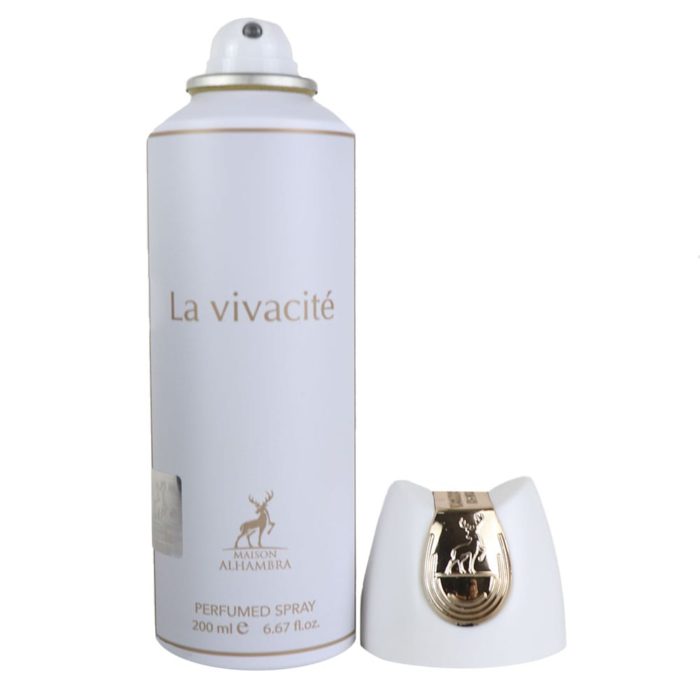 Frasco abierto del spray perfumado La Vivacité de Maison Alhambra con tapa dorada al lado, 200 ml.