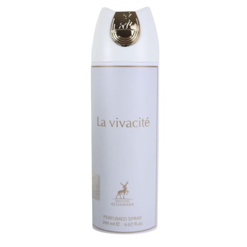 Vista frontal del spray perfumado La Vivacité de Maison Alhambra en un elegante frasco blanco y dorado de 200 ml.