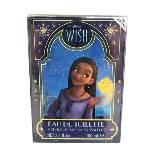 Perfume Disney Wish Eau de Toilette 100 ml para niños, con el personaje Asha y una estrella brillante en la caja, en un entorno nocturno mágico.