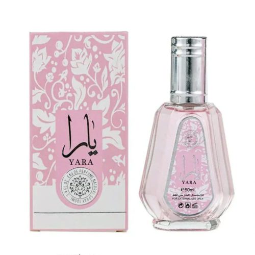 Yara Eau de Parfum 50ml para mujer de Lattafa, con una caja de diseño floral en tonos rosas y un frasco de vidrio transparente rosado con tapa plateada.