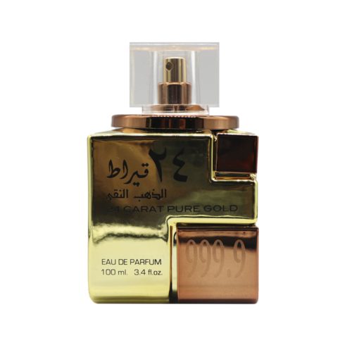 Vista aislada del lujoso frasco dorado del perfume 24 Carat Pure Gold, con forma de lingote, caligrafía árabe y tapa transparente.