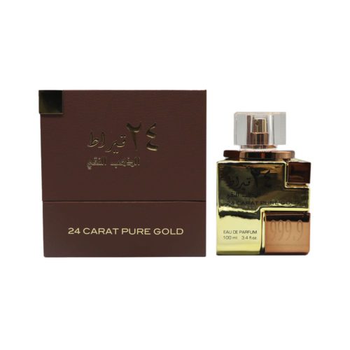 Vista completa del set del perfume 24 Carat Pure Gold, mostrando el frasco y la caja juntos en un elegante empaque marrón y dorado.