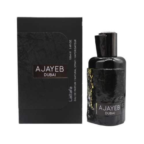 Imagen del perfume Ajayeb Dubai EDP 100 ml de Lattafa, mostrando el elegante frasco negro junto a su caja texturizada con logotipo plateado.