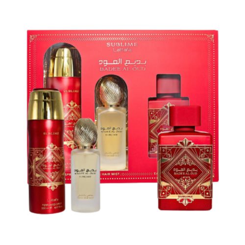 Set de regalo Bade'e Al Oud Sublime de Lattafa con perfume, body spray y bruma para cabello, en elegante presentación roja con dorado.