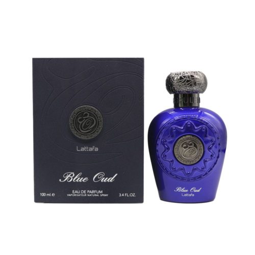 Botella y caja del perfume Blue Oud de Lattafa, con un lujoso diseño en azul profundo y detalles plateados intrincados en la tapa y la etiqueta.