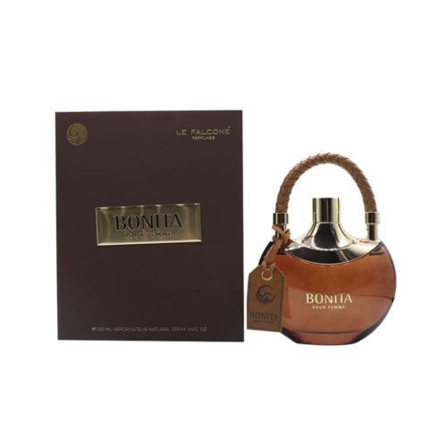 Set de perfume Bonita Pour Femme de Le Falcone mostrando la botella en tono marrón junto a su caja.