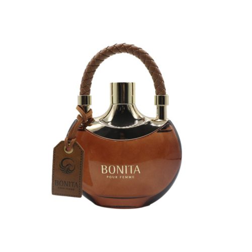 Primer plano de la botella del perfume Bonita Pour Femme de Le Falcone con asa trenzada de cuero y detalles dorados