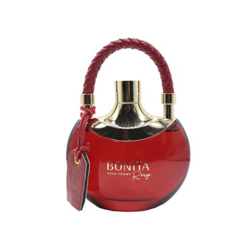 Primer plano de la botella del perfume Bonita Rouge Pour Femme de Le Falcone, con diseño redondo rojo brillante y asa trenzada de cuero.