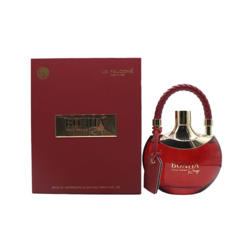 Botella del perfume Bonita Rouge Pour Femme y caja roja a juego de Le Falcone colocadas lado a lado.