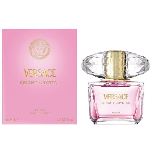 Versace Bright Crystal 90 ml Parfum para Mujer. Lujosa botella rosa con tapa estilo cristal, acompañada de una caja rosa con detalles dorados.