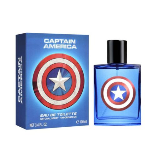 Perfume Captain America Eau de Toilette de 100 ml, frasco azul decorado con el escudo del superhéroe, junto a su caja a juego en tonos azul y rojo.