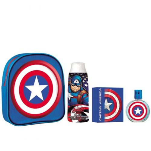 Set de fragancia del Capitán América para niños, incluye mochila azul, gel de ducha y Eau de Toilette con diseño del escudo del superhéroe.
