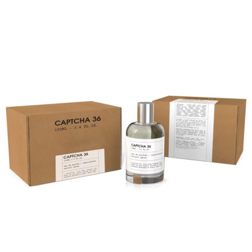 Perfume unisex Captcha 36 EDP 100 ml con empaque minimalista en tono marrón, mostrando el frasco y la caja desde diferentes ángulos.