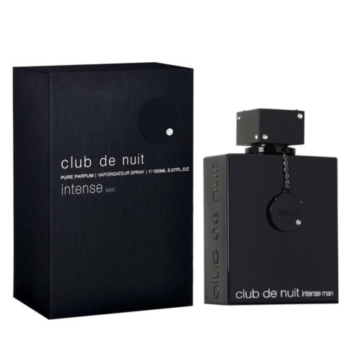 Vista frontal del perfume Club de Nuit Intense Man Pure Parfum 150 ml de Armaf, con frasco negro elegante y caja negra mate con letras plateadas.