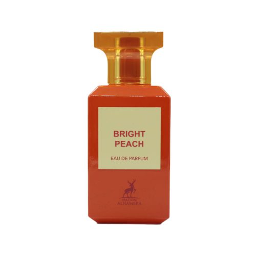 Vista frontal del frasco del perfume Bright Peach de Maison Alhambra en color naranja vibrante con detalles dorados.