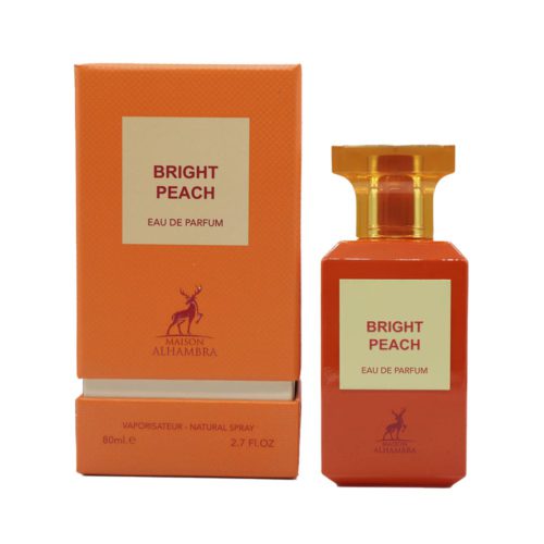 Conjunto del frasco y la caja del perfume Bright Peach de Maison Alhambra, mostrando el empaque completo de 80ml.