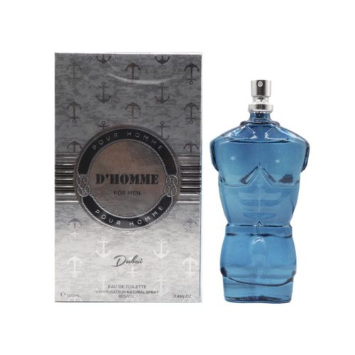 Vista frontal de la caja del perfume D’Homme Eau de Toilette de Dubai Essences, con diseño metálico plateado, patrones de anclas y logotipo circular llamativo.