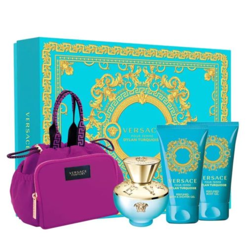 Set de regalo completo Versace Dylan Turquoise con caja decorativa turquesa y dorada, frasco de perfume, dos productos corporales y bolso púrpura vibrante.