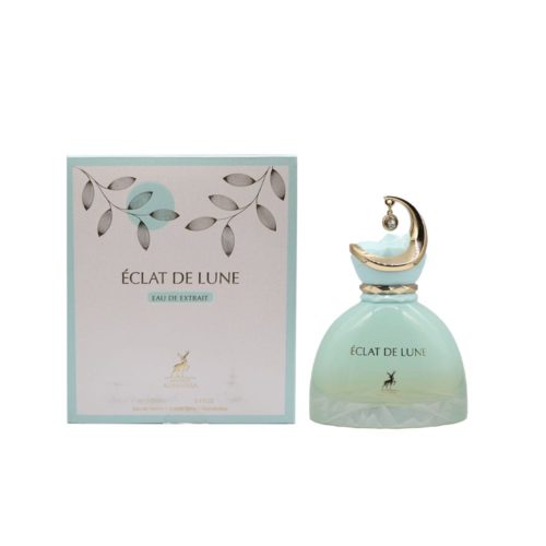 Imagen del perfume Éclat De Lune junto a su caja, mostrando el frasco elegante y el empaque a juego.