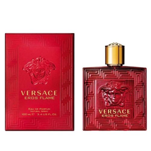 Fotografía del perfume Versace Eros Flame Eau de Parfum de 100 ml para hombre, con su caja roja decorada en relieve y frasco rojo con tapa dorada.