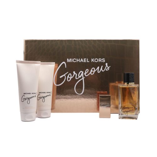 Set completo de regalo Michael Kors Gorgeous que incluye EDP, loción corporal, gel de ducha y spray de viaje frente a una caja texturizada en dorado rosado.