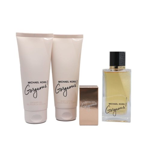 Imagen en primer plano del set Michael Kors Gorgeous con loción corporal, gel de ducha, mini spray y botella de EDP sobre fondo blanco.