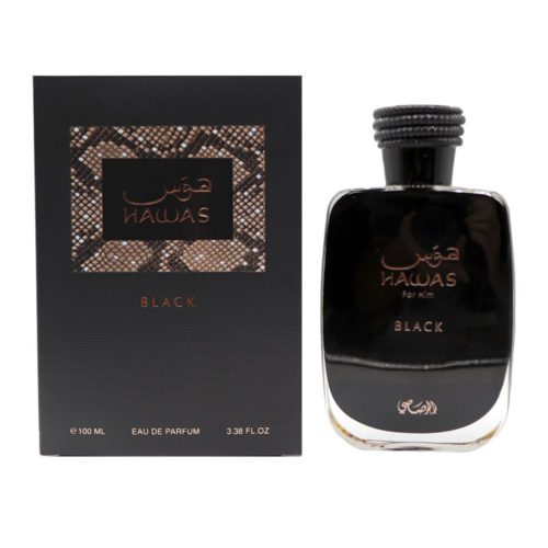 Vista frontal de la caja del perfume Hawas Black de Rasasi, con diseño tipo piel de serpiente y etiqueta negra destacada.