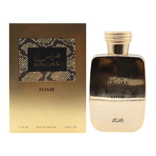 Frasco y caja del Hawas Elixir uno al lado del otro, destacando el diseño elegante en dorado.