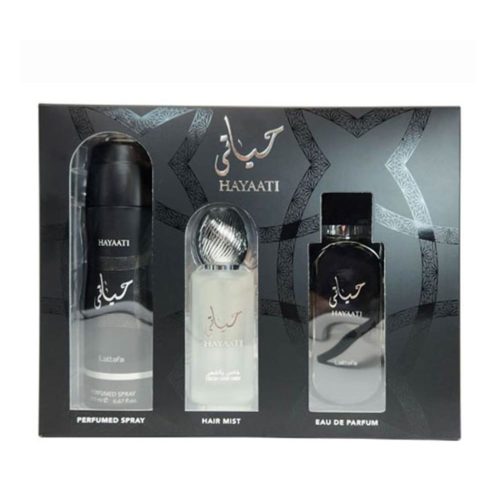 Set de regalo Hayaati de Lattafa con perfume, body spray y bruma para cabello, en una elegante caja negra con detalles plateados.