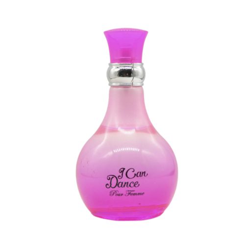 Vista frontal del frasco del perfume I Can Dance Pour Femme de Dubai Essences, con diseño curvo degradado en rosa, cuello plateado y tapa magenta.