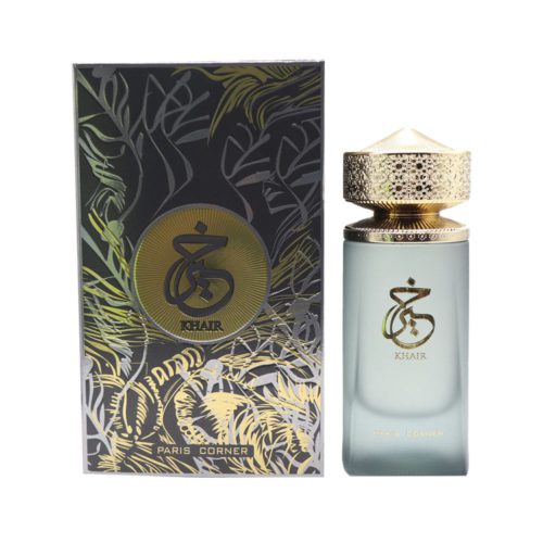 Imagen del perfume Khair Eau de Parfum 100 ml de Paris Corner, mostrando el elegante frasco esmerilado con tapa dorada junto a su caja decorativa.