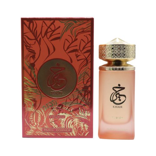 Khair Fusion de Paris Corner - frasco de perfume junto a su caja decorativa en tonos rojo y dorado.