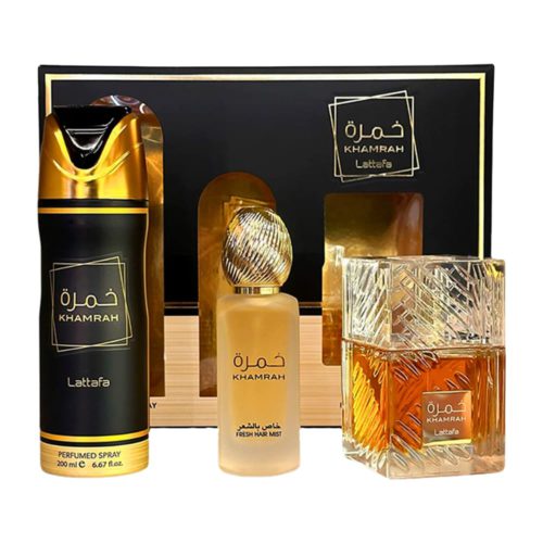 Set de regalo Khamrah de Lattafa que incluye frasco de perfume, mist para cabello y body spray, en empaque elegante negro con dorado.