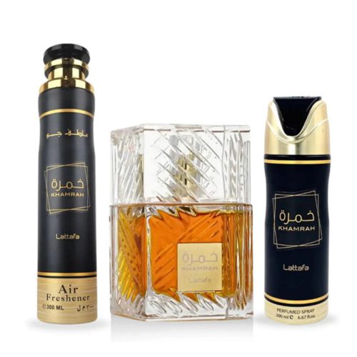 Set de fragancias Khamrah de Lattafa con perfume, spray aromatizante para ambientes y body spray, en diseño lujoso negro con dorado.