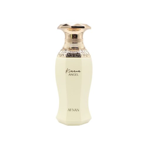 Vista frontal de la botella de Kiaana Angel Eau de Parfum 100 ml de Afnan, con diseño elegante en color crema y tapa dorada decorada.