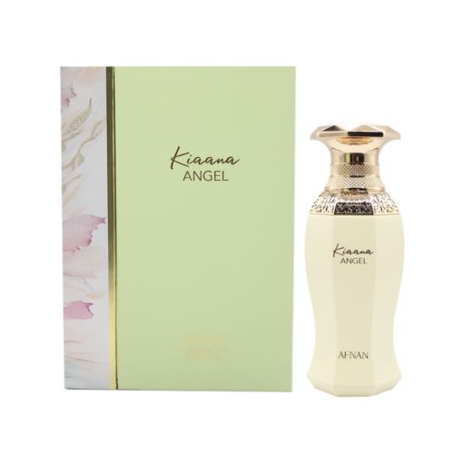Botella del perfume Kiaana Angel junto a su caja floral, en una presentación armoniosa y lujosa.