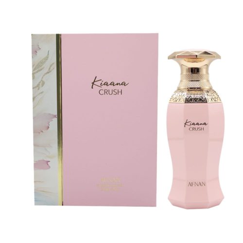 Frasco y caja del perfume Kiaana Crush de Afnan, en tonos rosados y dorados, con lateral floral y diseño elegante.