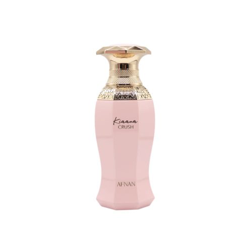 Primer plano del frasco de Kiaana Crush con tapa grabada en dorado y cuerpo rosa suave.