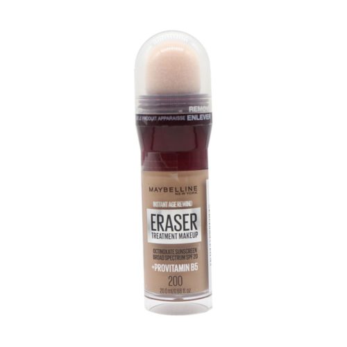 Corrector Maybelline Instant Age Rewind Eraser tono 200, resaltando su fórmula de tratamiento con Provitamina B5 y SPF 20.