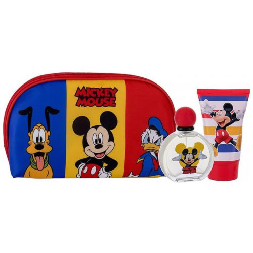 Set de regalo Mickey Mouse para niños que incluye un neceser, frasco EDT de 50 ml con diseño de Mickey y crema corporal con ilustración de Mickey.