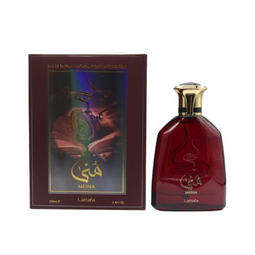 Imagen del perfume Muna Eau de Parfum 100 ml de Lattafa, mostrando el elegante frasco rojo con detalles dorados junto a su caja con ilustración floral y de libro.
