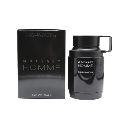 Set del perfume Odyssey Homme de Armaf con frasco y caja juntos, destacando su diseño moderno.