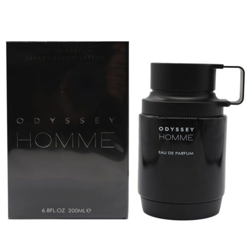 Vista frontal de la caja y botella del perfume Odyssey Homme Eau de Parfum 200 ml de Armaf, ambas en negro mate con letras plateadas minimalistas.