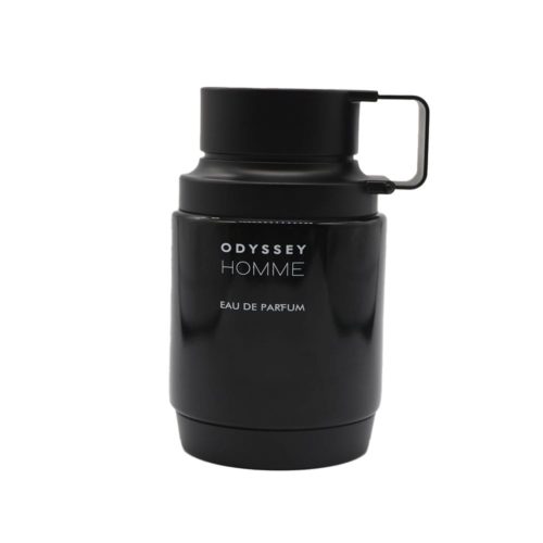 Botella del perfume Odyssey Homme de Armaf, en color negro mate con diseño masculino robusto y asa lateral.